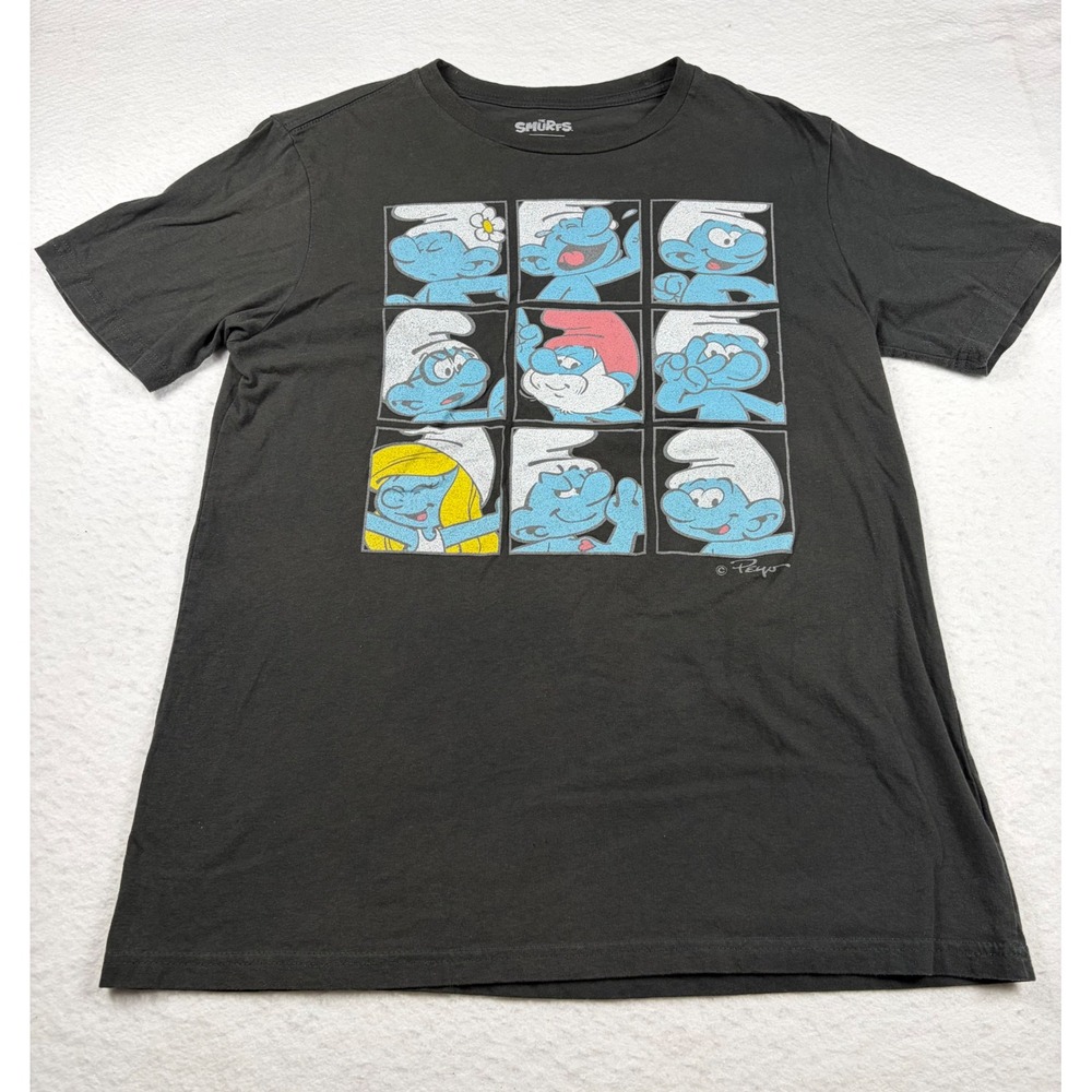 The Smurfs Graphic T-Shirt Mens Medium Black Peyo Character Grid C-Life Group